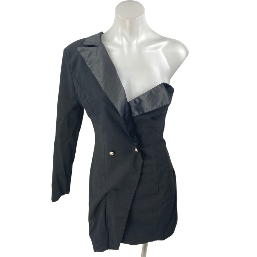 NEW Club L London Black One Shoulder Long Sleeve Tuxedo Blazer Mini Dress 4